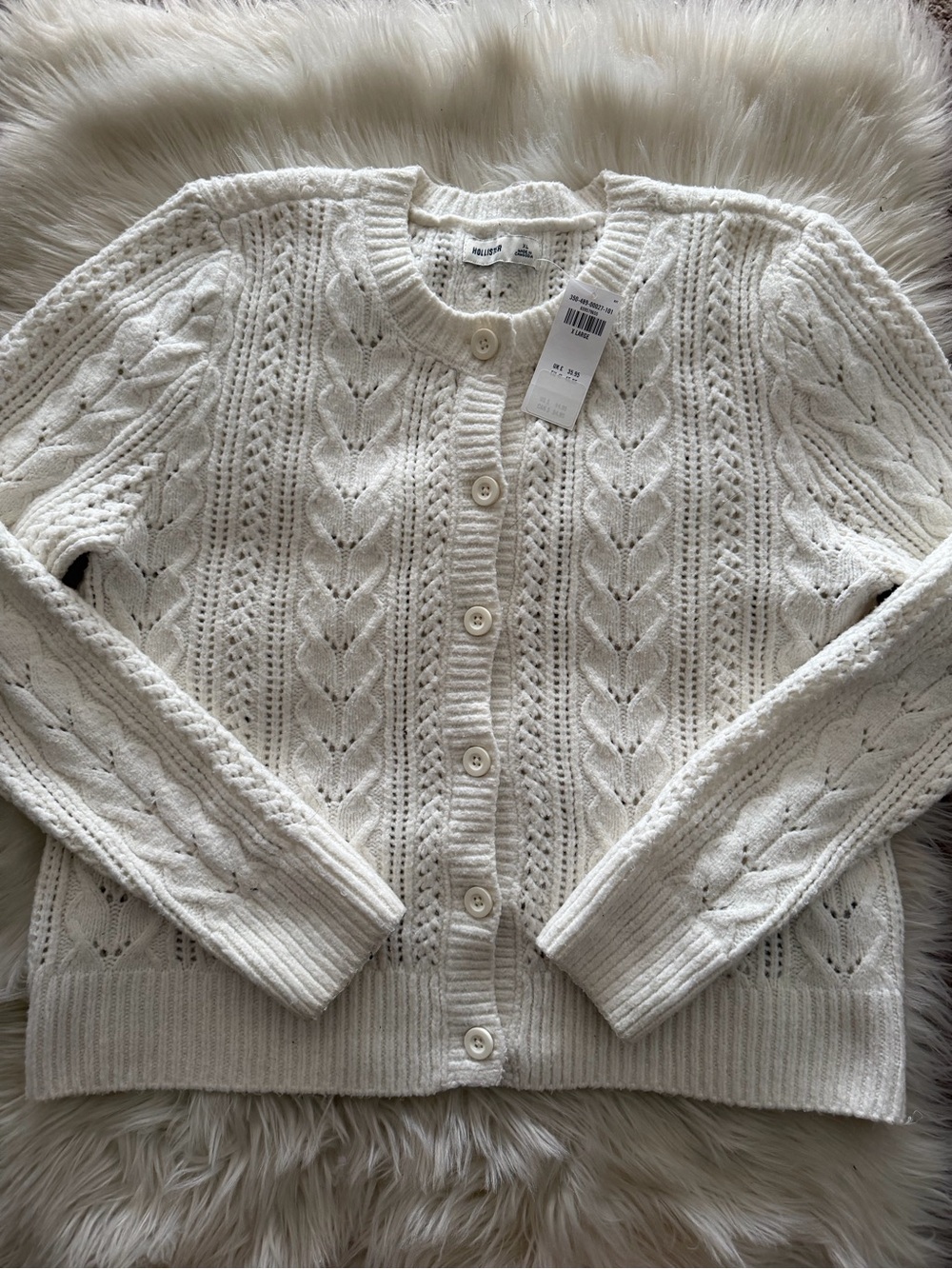Hollister Cream, White Openwork Cable-Knit Button Cardigan. Sz XL. NEW